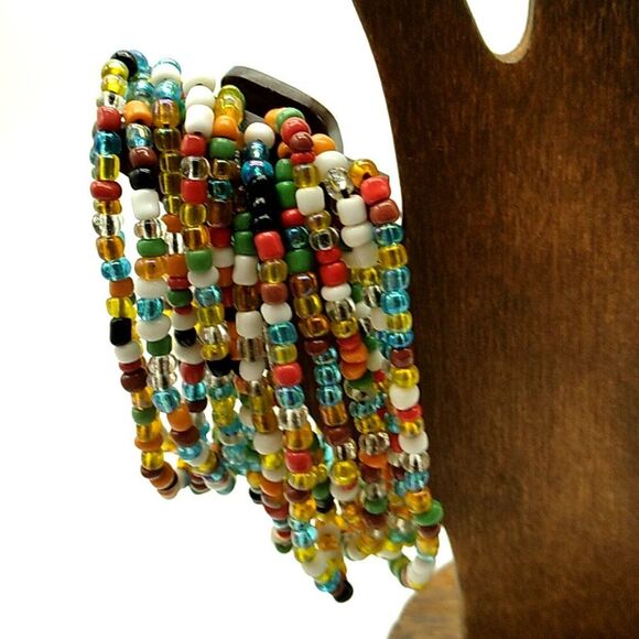 Glass Beaded Stretch Bracelet 14 Strand Wood Buckle Multi-colored - Picture 8 of 14